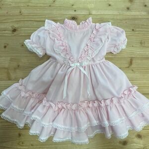 Kandy Ann Girls Pink Ruffle Dress Vintage Lace Bow Short Sleeve Party